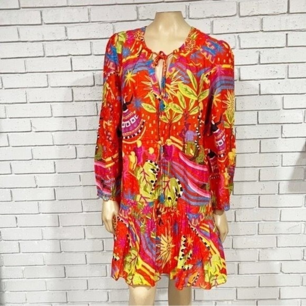 Farm Rio Red Tropical Abstract Print Magic Forest Mini Dress with Tassel Ties